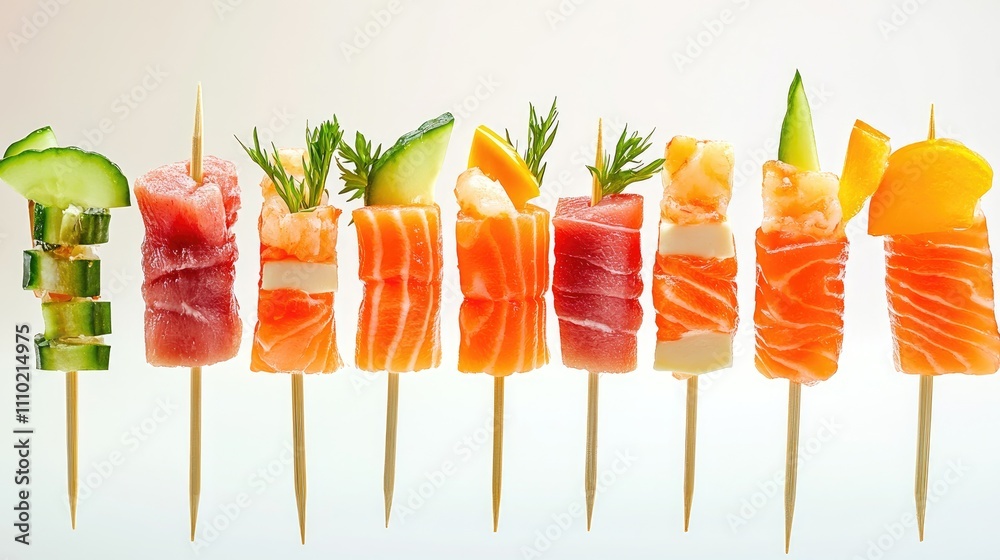Poster colorful seafood and meat canapes on skewers arranged for a buffet with fresh herbs and vegetables o