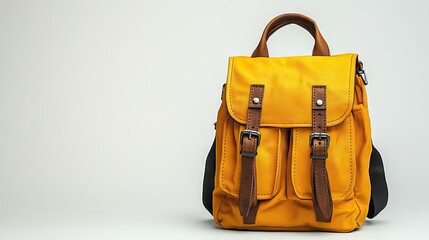 Stylish yellow backpack with brown leather accents positioned against a clean white background, ideal for product display, fashion accessories, travel, lifestyle.