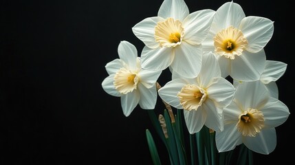 Fototapeta premium Elegant Narcissus flowers in soft white hues with yellow centers displayed against a striking black background for dramatic visual appeal.