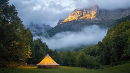 Dawn Camping Scene at Ibon de Estanes with Tent and Majestic Pyrenees Mountains in the Background