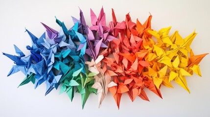 An abstract arrangement of multi-colored origami cranes forming a unified, intricate mosaic on a clean surface