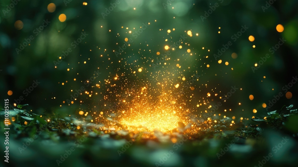 Poster magical glowing sparks in a lush green forest creating an enchanting atmosphere of light and wonder