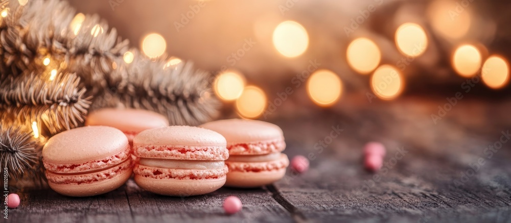 Poster macarons beautifully arranged with festive lights and a warm rustic backdrop creating a cozy holiday