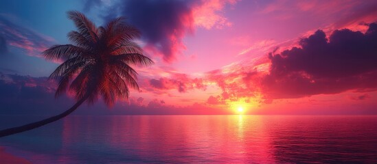 Palm tree silhouette against a vibrant pink and purple sunset sky over calm ocean waters creating a serene tropical atmosphere