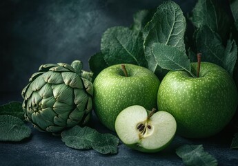 Naklejka premium Fresh Green Artichoke and Juicy Green Apples Surrounded by Lush Leaves Against a Dark Background Ideal for Healthy Food Photography and Culinary Projects