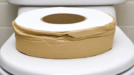 Toilet paper roll on toilet seat in bathroom setting isolated on white background for hygiene and sanitation concepts