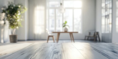 Bright and Airy Interior Design: A Modern White Room with Wooden Table and Sunlight