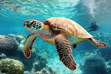 Obraz premium Sea Turtle Gliding Through Coral Reef