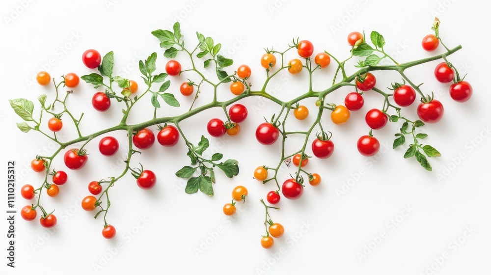 Poster fresh cherry tomatoes on a vine with green leaves displayed against a clean white background for cul