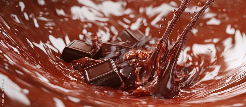 Poster rich melted chocolate splashing with chocolate squares in a luxurious dessert backdrop perfect for g