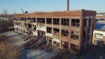Fototapeta premium Abandoned industrial building showcasing decay and vandalism with broken windows and a crumbling facade against a clear sky background.