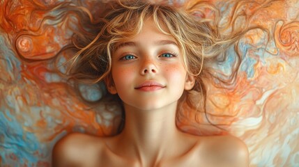 Vertical 3D photo collage featuring a joyful girl with uplifting arms, surrounded by an imaginative, colorful abstract background, fantasy, cheerful, creative art.