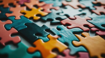 Fototapeta premium An abstract assembly of multi-colored interlocking puzzle pieces forming a unified, cohesive image on a clean surface, Symbolizing the integration of diverse elements into a single