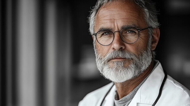 Senior medical doctor in white coat with glasses looking confidently at the camera against a blurred background showcasing healthcare professionalism