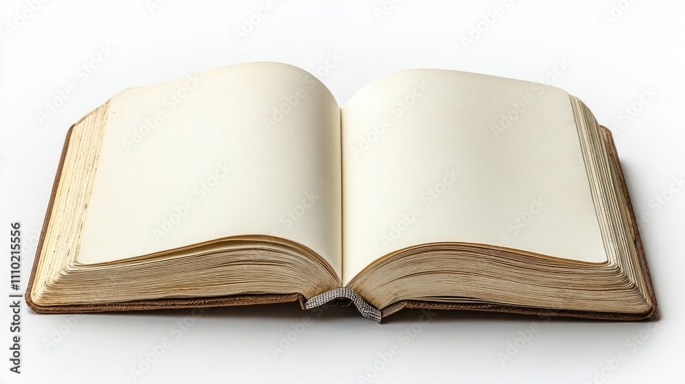 Poster open notebook with blank pages and worn edges placed on a clean white surface for creative and educa
