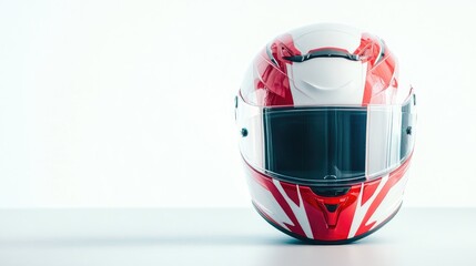 Contemporary motorcycle helmet with red and white design displayed on a clean white background for product showcase or advertisement.