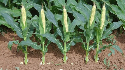 Fototapeta premium Vibrant green corn plants showcasing developing cobs in a rich agricultural field under natural sunlight.