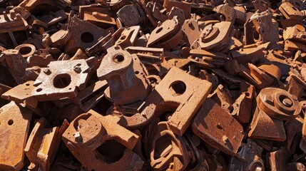 Rusty machinery parts piled outdoors showcasing industrial decay and the passage of time in a forgotten setting.