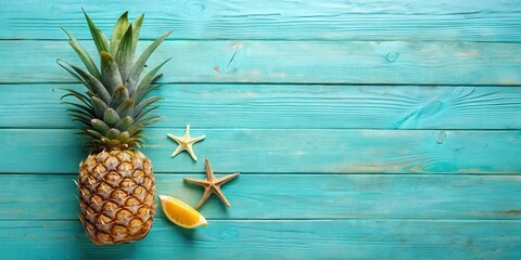 A Freshly Cut Pineapple on a Turquoise Wooden Plank with a Starfish and a Slice of Lemon