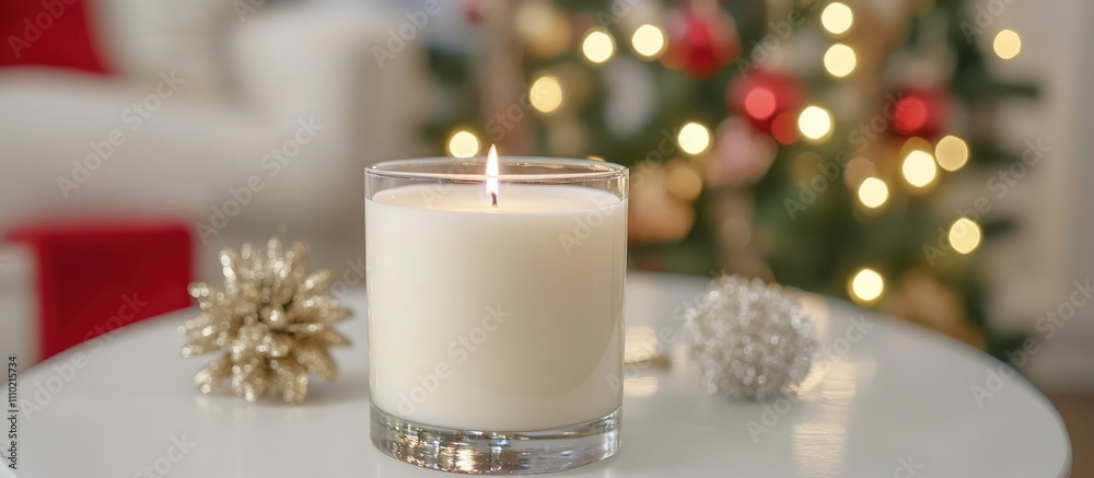Poster natural soy wax candle lit on a table with holiday decorations and christmas tree in the background 