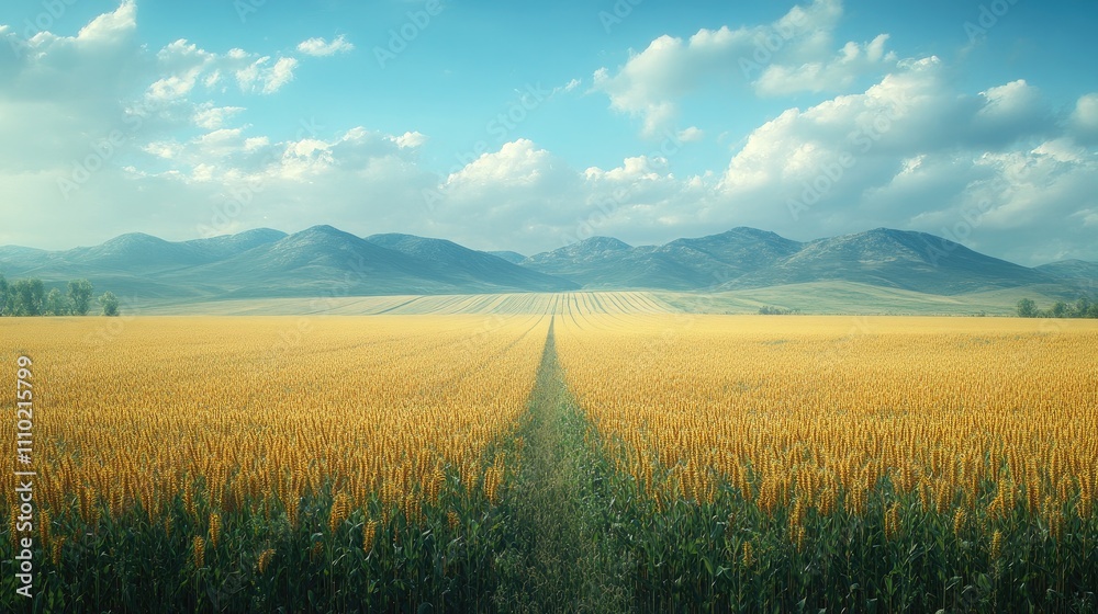 Poster golden wheat field under a scenic blue sky with fluffy clouds and distant mountains creating a seren