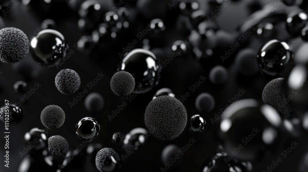 Poster abstract composition of black activated carbon granules in a three-dimensional space showcasing text