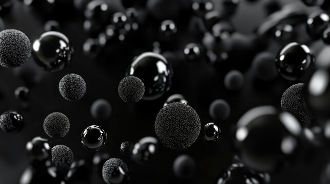 Abstract composition of black activated carbon granules in a three-dimensional space showcasing textures and varying sizes on a dark background