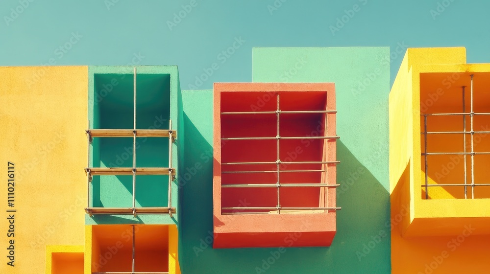 Poster colorful architecture with scaffolding on modern building facades against a clear blue sky showcasin