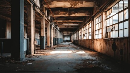 Abandoned industrial space with deteriorating walls and sunlight casting shadows in an empty factory interior.