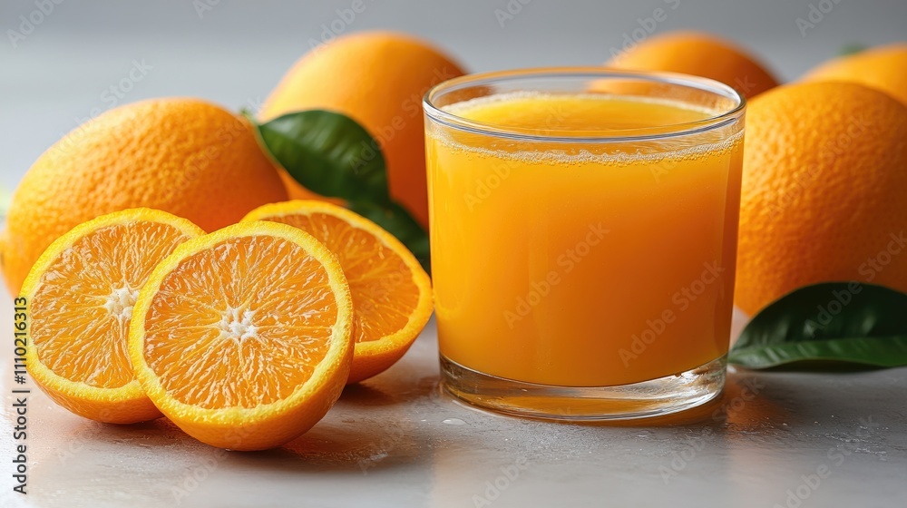 Poster freshly squeezed orange juice with whole oranges and sliced segments on a bright white background sh