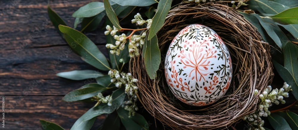 Poster decorated easter egg nestled in a natural nest surrounded by greenery and delicate flowers on a rust