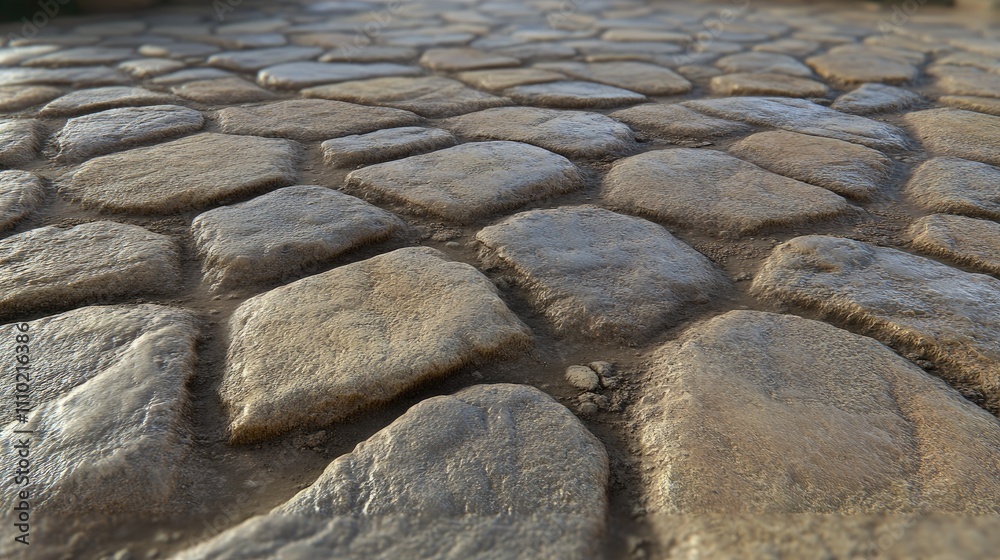 Poster weathered cobblestone pavement texture with visible cracks and uneven surfaces suitable for backgrounds and design projects