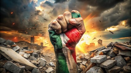 A Symbol of Resilience: A Powerful Fist Breaking Through Rubble, Representing Palestine's Unyielding Strength and Hope Amidst Adversity