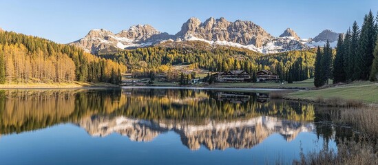 Fototapeta premium Stunning autumn landscape with reflections of mountains and trees in a serene lake under clear blue skies.