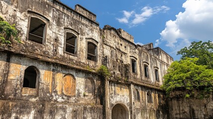 Fototapeta premium Historic industrial architecture against a vibrant blue sky showcasing weathered aluminum factory wall and greenery.