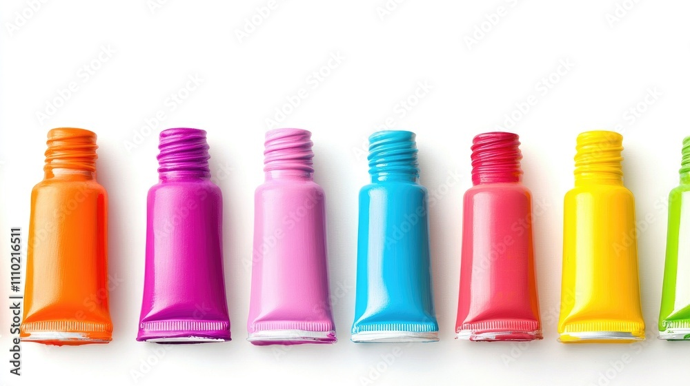 Poster set of vibrant paint tubes in various colors arranged on a clean white background for artistic and c