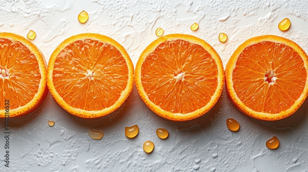 Poster sliced fresh orange halves arranged on a textured white background with drops of juice highlighting 