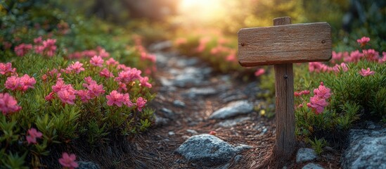 Fototapeta premium Wooden sign directing hikers to a chapel along a vibrant spring trail surrounded by blooming shrubs and warm sunlight.