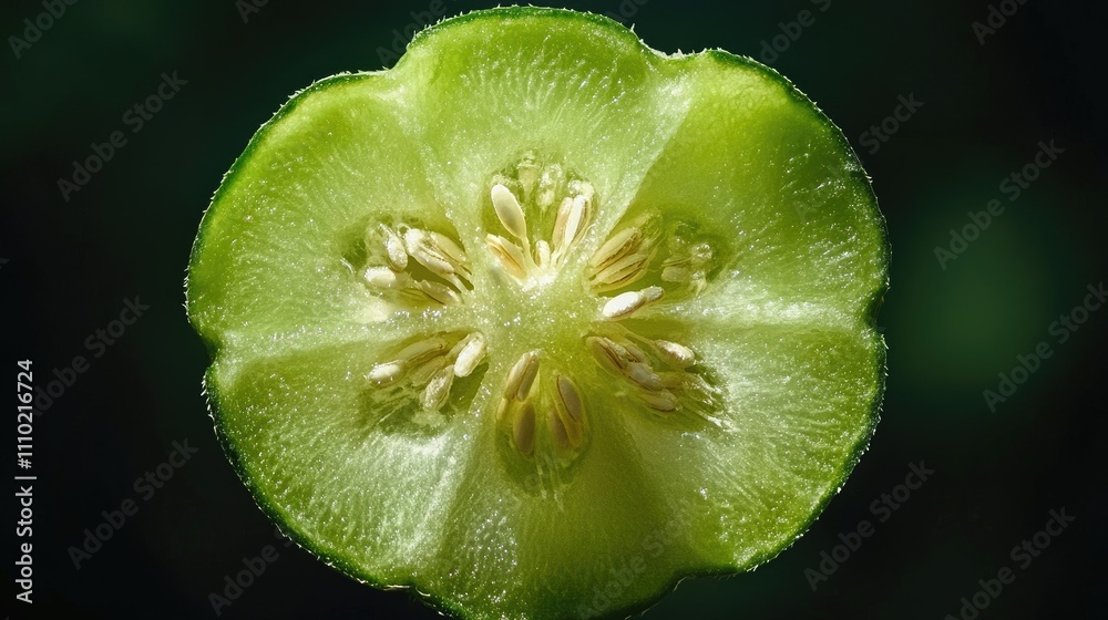 Aufkleber Fresh green melon slice showcasing seeds and intricate textures against a dark background for a vibrant and appetizing display