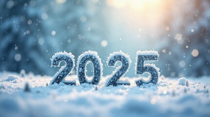 Beautiful New Year background with winter landscape and "2025" text
