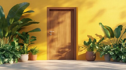 Vibrant yellow wooden door with potted plants creating a cheerful outdoor ambiance in a modern setting.