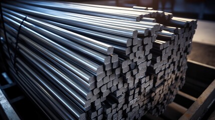 Stack of stainless steel rods in a container box ready for manufacturing and machining processes in an industrial setting.
