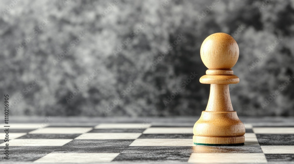 Poster Close up of a wooden chess pawn on a chessboard with a blurred textured background representing strategy and gameplay