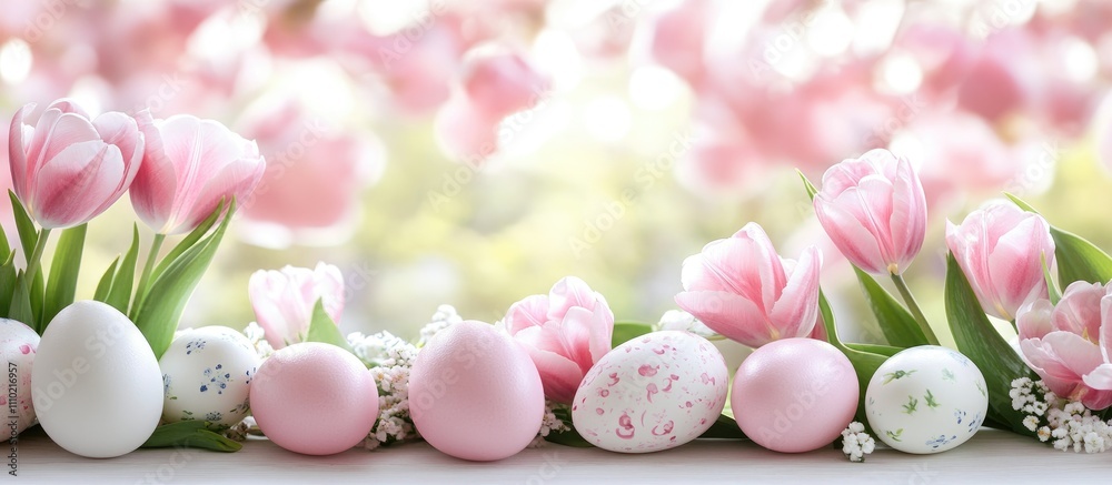 Aufkleber fresh pink tulips and decorated easter eggs in a vibrant spring setting with a soft blurred backgrou
