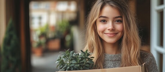 Young woman joyfully moving into new home carrying a plant and box representing new beginnings and excitement for the future.