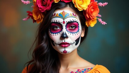 Day of the Dead Sugar Skull Makeup with Floral and Cultural Symbols.