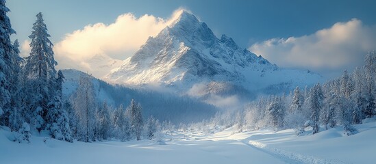 Obraz premium Serene winter landscape with majestic snow-covered mountains and tranquil forest in a beautiful snowy environment