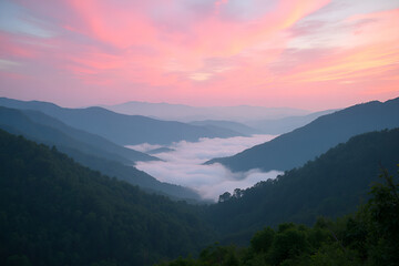 Obraz premium Dramatic Mountain Valley Sunset with Cloud Sea