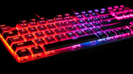 Illuminated keyboard: A vibrant and eye-catching close-up shot of a gaming keyboard with colorful LED lighting, showcasing the sleek design and technological prowess.