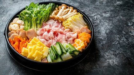 Colorful Assortment of Fresh Ingredients for Asian Hot Pot